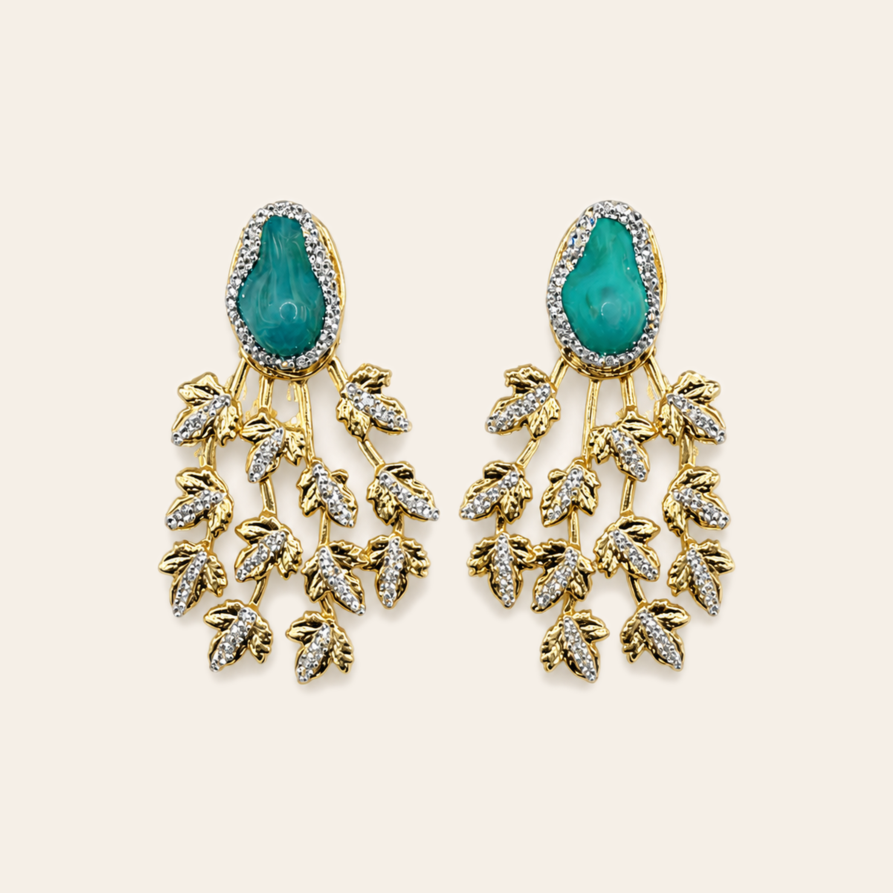 Emerald and gold pearl leaf chandelier earrings